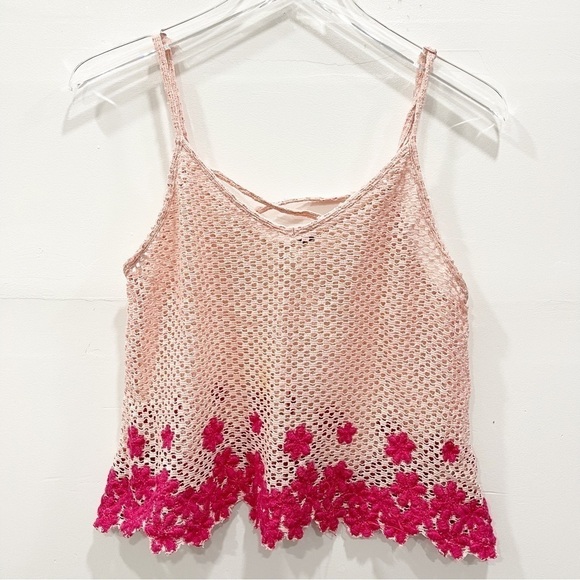 Free People Pink Crochet V-Neck Sheer Spaghetti Strap Top - Picture 1 of 8